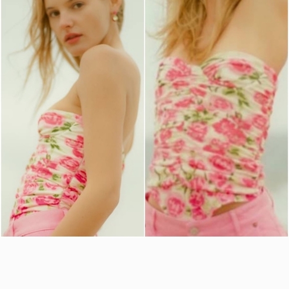 ZARA Bustier Rose Floral Strapless Bodysuit In Pink/green. Size XS - Picture 14 of 15
